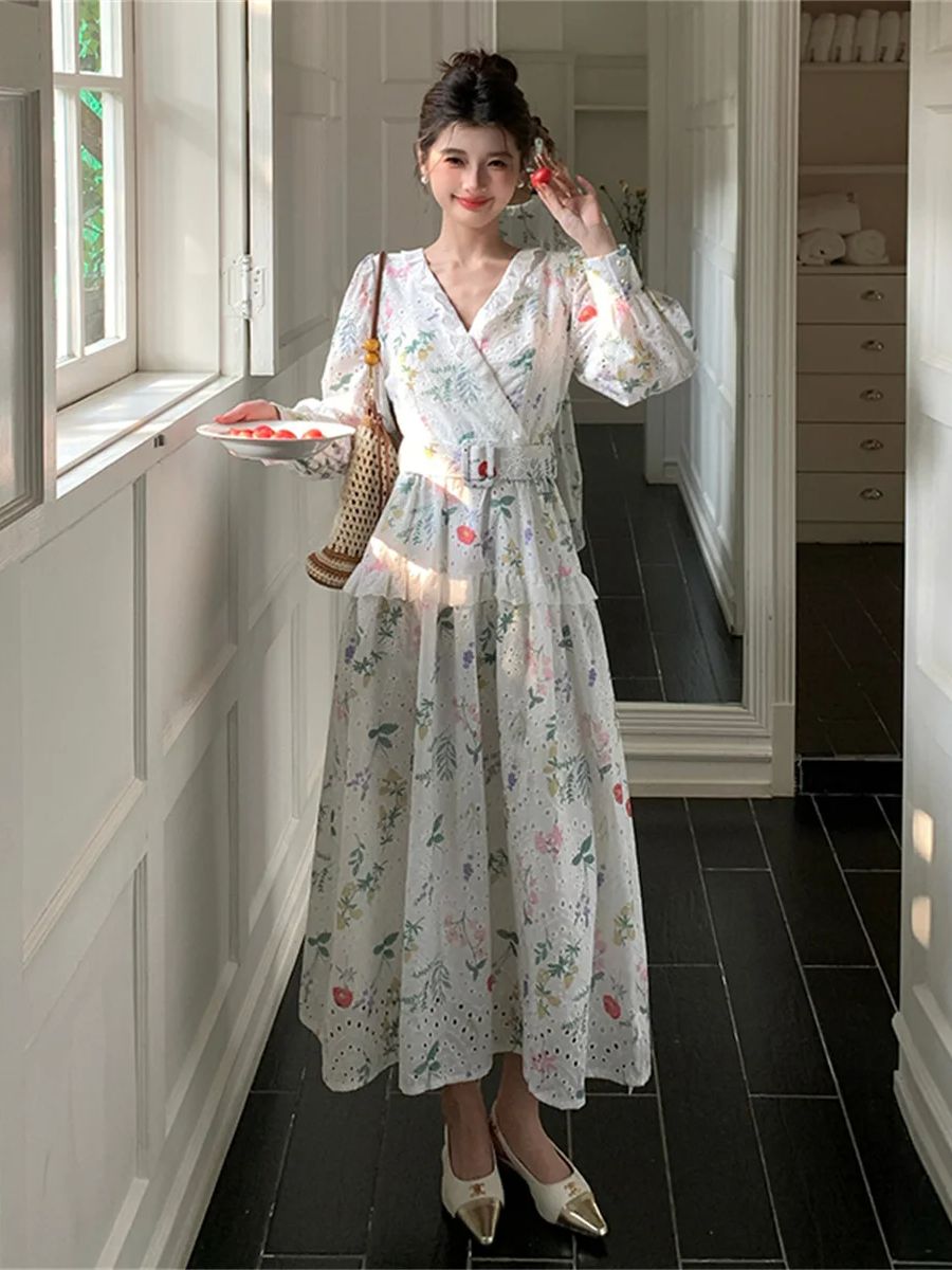 French Vintage Floral Midi Dress - Robe midi à manches lanternes de