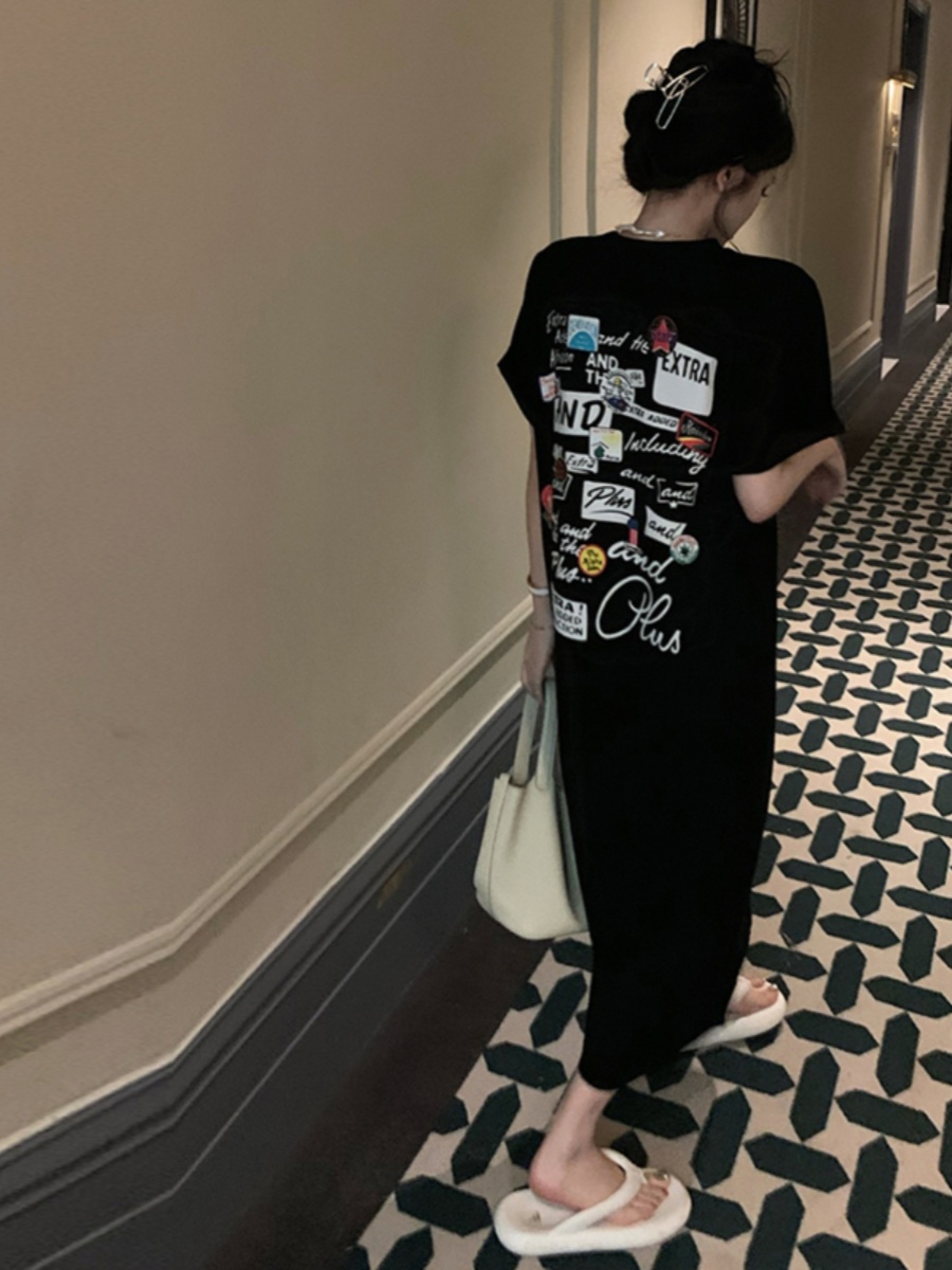 Korean Style A Line Shirt Dress - Robe T-shirt noire à manches courtes