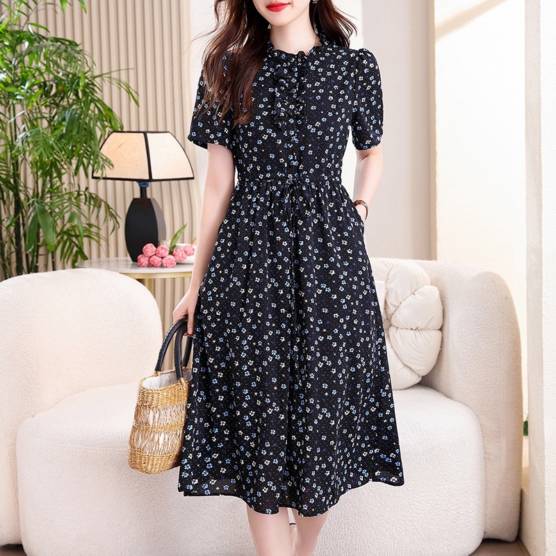 French Vintage Floral Midi Dress - Robe midi vintage bleu marine à