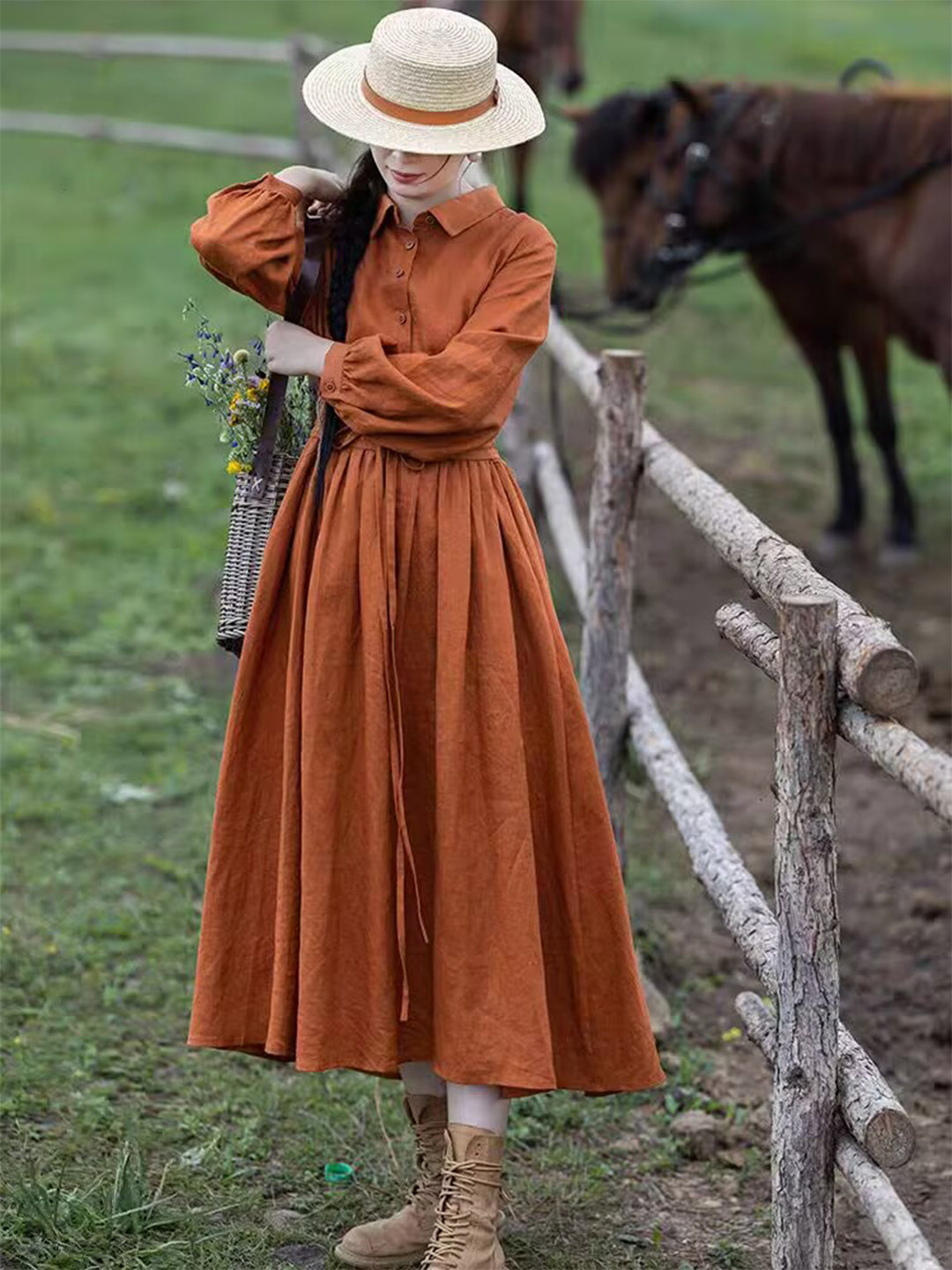 Robe longue en lin orange pour - Casual Loose Linen Shirt Dress avis et prix