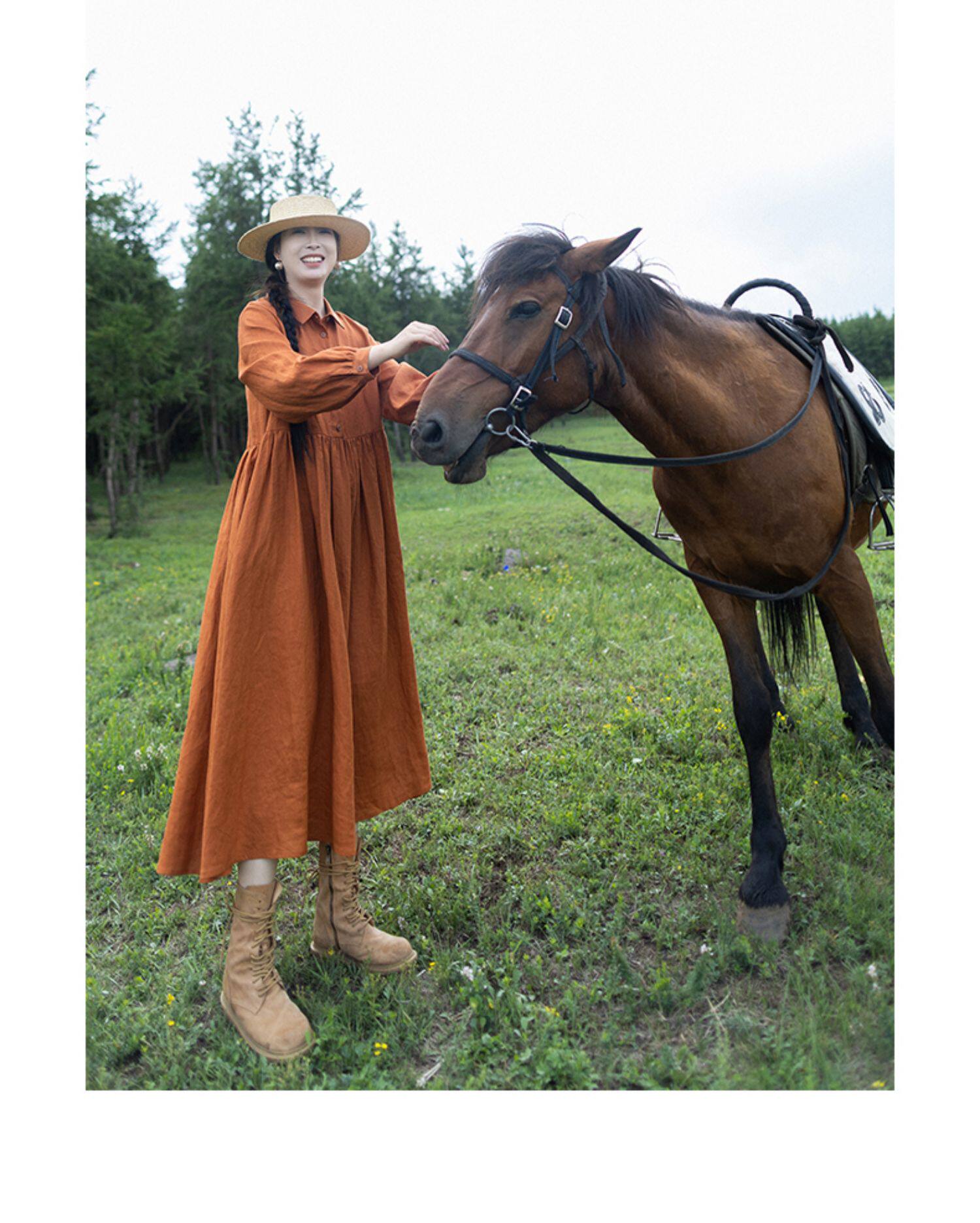 Robe longue en lin orange pour - Casual Loose Linen Shirt Dress avis et prix